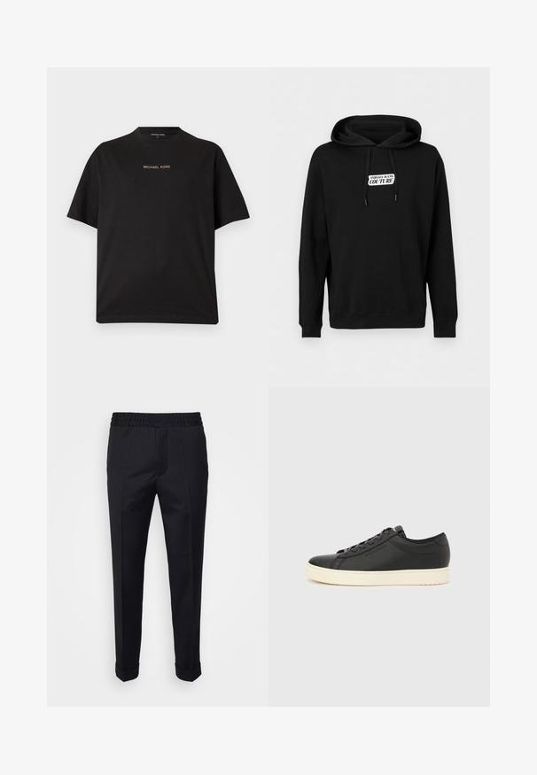 Zwarte hoodie met kap, voorste trekkoorden en een wit rechthoekig logo-label met de tekst "Versace Jeans Couture".; Zwart T-shirt met korte mouwen en ronde hals met het "MICHAEL KORS"-logo gecentreerd in kleine gouden letters op de borst.; Zwarte broek van lichtgewicht stof, met een elastische tailleband, zijzakken en opgerolde mouwen. Soepele textuur met voorplooien.; Zwarte leren sneaker met een gladde textuur, witte rubberen zool, ronde neus en bijpassende zwarte veters. Subtiele merknaam aan de zijkant.