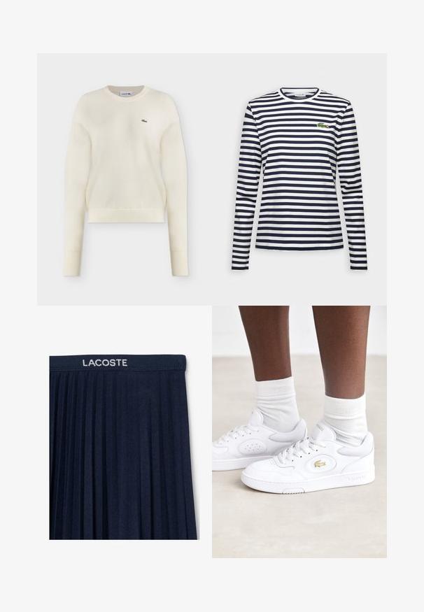 Off-white, langärmeliger Strickpullover mit Rundhalsausschnitt und kleinem grünem Lacoste Krokodil-Logo auf der linken Brust.; Langärmliges T-Shirt mit horizontalen Navy- und weißen Streifen, runder Ausschnitt und gesticktem grünen Krokodil-Logo auf der Brust.; Marineblauer, gefälteter Rock mit einem elastischen Bund und dem weißen "LACOSTE"-Logo. Weiche Stofftextur mit vertikalen Falten für Bewegungsfreiheit.; Weiße Leder-Sneaker von Lacoste mit perforierten Seitenpanelen, goldener Logo-Akzent und strukturiertem weißen Gummisohle. Kombiniert mit weißen Socken.
