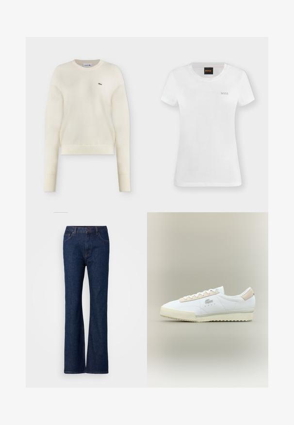 Pull en maille écru à manches longues avec col rond et petit logo crocodile vert Lacoste sur la poitrine gauche.; T-shirt blanc à manches courtes et col rond avec petit logo doré "BOSS" sur la poitrine gauche et étiquette noire avec texte orange "BOSS" à l'intérieur du col.; Jean en denim bleu évasé avec taille haute, dotés d'une texture lisse, d'une fermeture à bouton en métal et d'un design à cinq poches.; Baskets en cuir blanc avec un accent en suède beige. Caractéristiques d'un bout arrondi, de lacets plats et d'une semelle texturée. Logo Lacoste sur le côté.