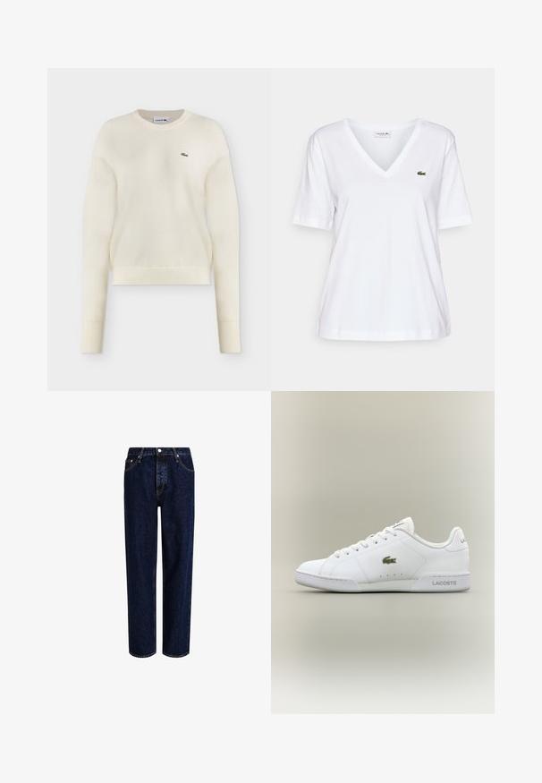 Off-white, langärmeliger Strickpullover mit Rundhalsausschnitt und kleinem grünem Lacoste Krokodil-Logo auf der linken Brust.; Weißes V-Ausschnitt-T-Shirt aus Baumwolle mit kurzen Ärmeln, das ein kleines grünes Krokodil-Logo auf der linken Brust aufweist. Einfaches Design und leicht.; Dunkelblaue Denim-Jeans mit geradem Bein, hoher Taille, fünf Taschen und kontrastierenden Nähten. Ohne Verzierungen.; Weiße Sportschuhe aus synthetischem Leder, mit einem grünen gestickten Krokodil-Logo, Schnürdesign und minimalistischer Silhouette.