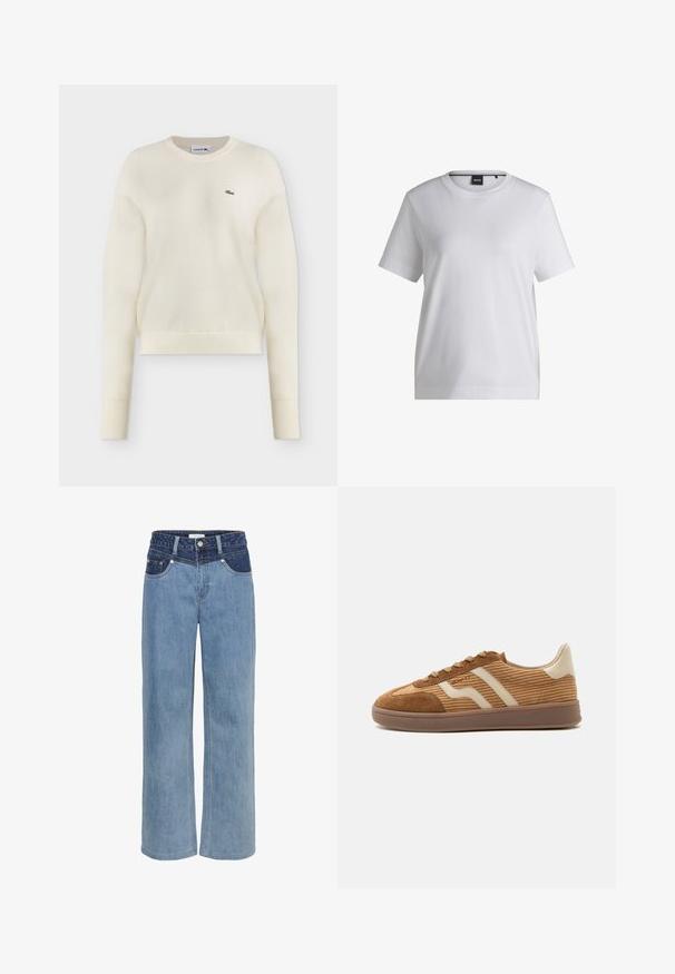Off-white, langarmige gebreide trui met ronde hals en klein groen Lacoste krokodillenlogo op de linkerborst.; Witte katoenen t-shirt met een ronde halslijn, korte mouwen en een ontspannen pasvorm. Heeft een klein merketiket nabij de kraag.; Lichtblauwe denim wijde jeans met een hoge taille, vijf-pocket ontwerp en een contrasterende donkerblauwe patch aan de voorkant.; Bruine suède en corduroy sneaker met beige golvende strepen, veters en een rubberen zool op een witte achtergrond, zijaanzicht.