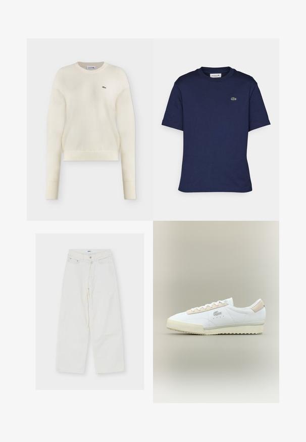 Off-white, langærmet striktrøje med rund halsudskæring og lille grønt Lacoste krokodillelogo på venstre bryst.; Kortærmet navy blue t-shirt lavet af bomuld, med rund hals og et lille grønt Lacoste-logo på venstre bryst.; Hvide jeans med høj talje, vidde ben, knap- og lynlås-lukning, bæltestropper og frontlommer, lagt fladt på en hvid baggrund.; Hvide lædersneakers med en beige ruskindsdetalje. Har en rund tå, flade snørebånd og en tekstureret sål. Lacoste-logo på siden.