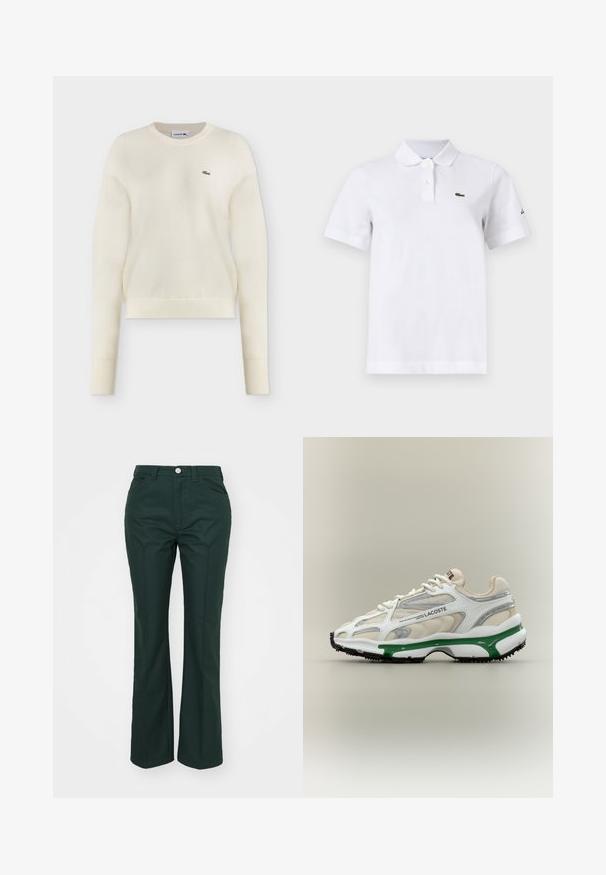 Pull en maille écru à manches longues avec col rond et petit logo crocodile vert Lacoste sur la poitrine gauche.; Polo blanc à manches courtes avec deux boutons, un petit logo crocodile vert sur la poitrine gauche et un logo noir discret sur la manche gauche.; Pantalons verts évasés en tissu lisse et structuré. Comprend une fermeture à bouton à l'avant, des passants de ceinture et deux poches latérales.; La sneaker Lacoste présente un supérieur en mesh blanc avec des accents argentés et verts, des détails texturés, et une semelle en caoutchouc noir avec des touches de violet.