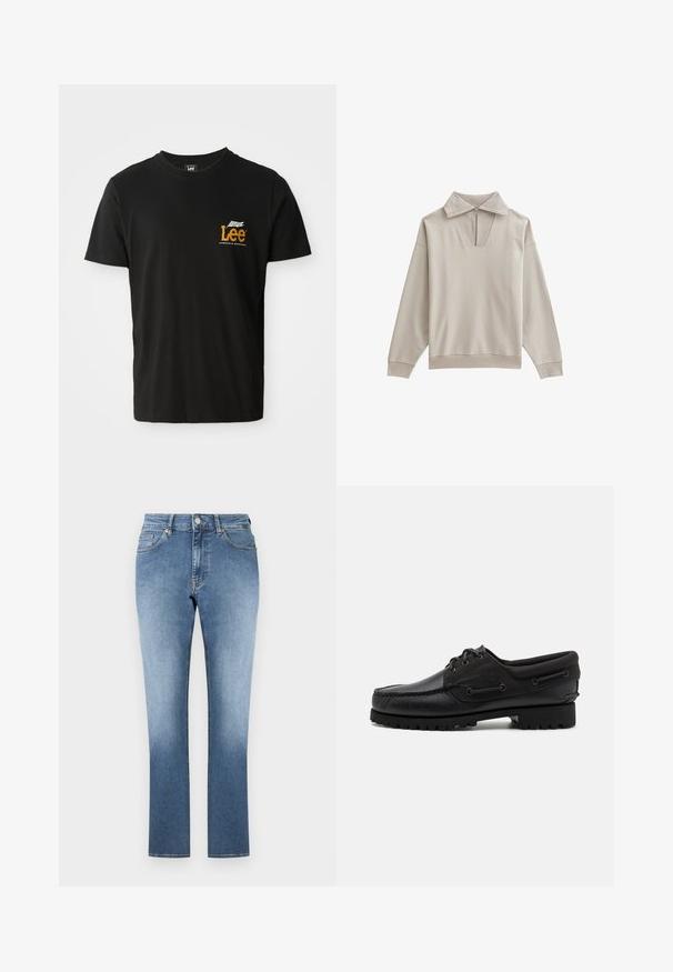 New Look REGULAR QUARTER ZIP - Neule - stone; Mustikka puuvillapaita, jossa on lyhyet hihat ja pyöreä pääntie. Paidassa on pieni oranssi ja valkoinen graafinen logo vasemmassa rintataskussa.; Vaaleansinisen denimin suoralahkeiset farkut. Korkea vyötärö, viisi taskua ja hienovarainen haalistuma lahkeissa. Yksinkertainen helma.; Musta kenkä, jossa on nahkainen päällinen, tekstiilikoristeet, pyöreät nauhat ja teksturoitu kumipohja. Sisältää mokkasiiniompeleen ja bränditunnuksen.