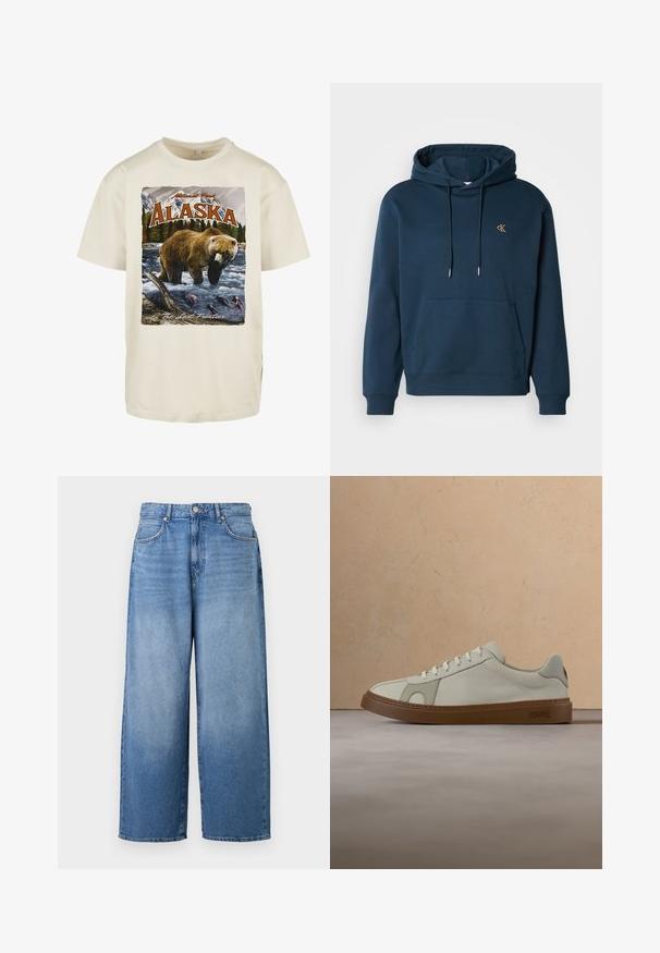Dunkelblauer Hoodie aus Baumwollmischung, mit einer Fronttasche, gerippten Bündchen und einem kleinen goldenen Logo auf der Brust. Weiche Textur.; Cremefarbene Baumwoll-T-Shirt mit einem grafischen Druck eines Braunbären im Wasser, Bergen und Bäumen, mit "Alaska" und "The Last Frontier."; Weite Jeans in Hellblau mit leicht ausgewaschenem Finish. Klassisches Fünf-Taschen-Design und Metallknopfverschluss.; Der Sneaker verfügt über ein cremefarbenes Lederobermaterial, helle Nähte und eine braune Gummisohle. Er hat eine abgerundete Zehenpartie und ein klassisches Schnürdesign.