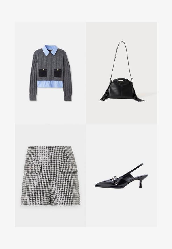 Un pull gris côtelé avec une chemise à col bleu clair en dessous, comportant deux poches avant avec des accents bleu foncé et des détails de boutons.; Mini-jupe à motif pied-de-poule noir et blanc avec deux poches avant à rabat et boutons décoratifs.; Chaussure à talon bas en cuir verni noir avec bride arrière, bout pointu et détail boucle argentée sur fond blanc uni.; Sac à main en cuir noir avec longue bandoulière, petite poignée supérieure et franges sur les deux côtés, présenté sur un fond uni.