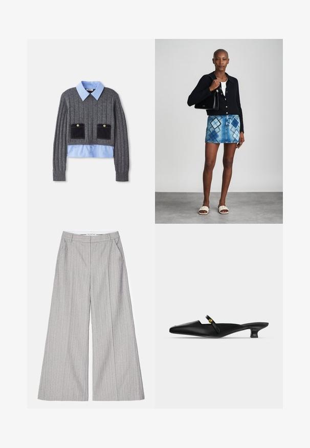 Un pull gris côtelé avec une chemise à col bleu clair en dessous, comportant deux poches avant avec des accents bleu foncé et des détails de boutons.; Pantalons larges gris à rayures verticales, présentant une texture lisse et un subtil éclat. Comprend des poches avant et une ceinture.; Mule noire à bout pointu avec petit talon kitten et fine bride sur le cou-de-pied ornée d’un petit bouton doré.; Un cardigan en maille noir, un haut blanc, une jupe en denim avec un motif de diamants bleus et noirs, un sac à main noir et des sandales à enfiler beiges.