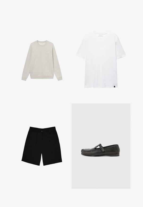 Lys grå sweatshirt med ribbet rund hals, lange ærmer og en lige kant. Har subtilt broderet branding på brystet.; Hvid kortærmet T-shirt i almindelig pasform med rund halsudskæring og lille sort stofetiket i bundkanten.; Sorte shorts lavet af stof med en glat tekstur, der har en frontknaplukning, to sidelommer og et plisseret design.; Sort lædermoccasin med vævet syning langs kanterne og en lille rem over vristen. Lavprofils flad sål.