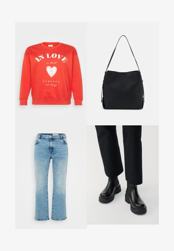 Rode sweatshirt gemaakt van zachte stof met een ronde halslijn, lange mouwen en witte bedrukte tekst en hartontwerp aan de voorkant.; Lichtblauwe denim jeans met een rechte snit, voorzien van een knoopsluiting, vijf zakken en subtiele vervaging bij de knieën.; Persoon die zwarte leren enkellaarzen met dikke zool draagt, gecombineerd met zwarte broek met rechte pijpen op een witte achtergrond.; Pieces PCBONY - Handtas - black