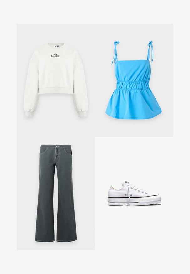 Hellgrauer, geschnittener Sweatshirt mit langen Ärmeln und schwarzem "New Balance"-Logo in der Mitte der Brust.; Hellblaues Oberteil mit verstellbaren Bindeträgern, tailliertem Oberteil und ausgestelltem Peplum-Design; aus einem glatten, leichten Stoff gefertigt.; Ausgestellt geschnittene graue Jeans aus Denim mit glatter Textur. Zu den Merkmalen gehören ein Knopfverschluss, Gürtelschlaufen und vordere Taschen.; Weißer Canvas-Sneaker in niedriger Ausführung mit weißen Schnürsenkeln, schwarzen Streifen an der Sohle und gummiertem, strukturiertem Zehenschutz, Seitenansicht vor weißem Hintergrund.