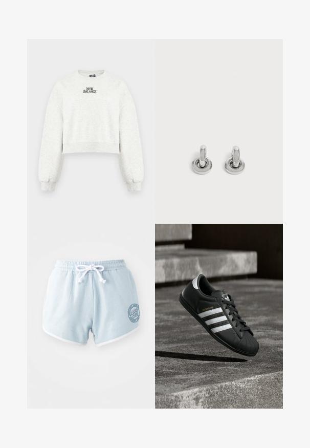 Hellgrauer, geschnittener Sweatshirt mit langen Ärmeln und schwarzem "New Balance"-Logo in der Mitte der Brust.; Helle blaue Shorts aus weichem Stoff mit einem weißen Kordelzug, versehen mit weißen Besätzen und einem runden Logopatch an der Seite.; Schwarzer Adidas Superstar Sneaker mit weißen Streifen und goldenem "SUPERSTAR" Schriftzug, schwebend über einer Betonfläche in der Nähe von Treppen.; Paar kleine, glänzende silberne Creolen mit rundem Sockel, auf einfachem hellem Hintergrund präsentiert.