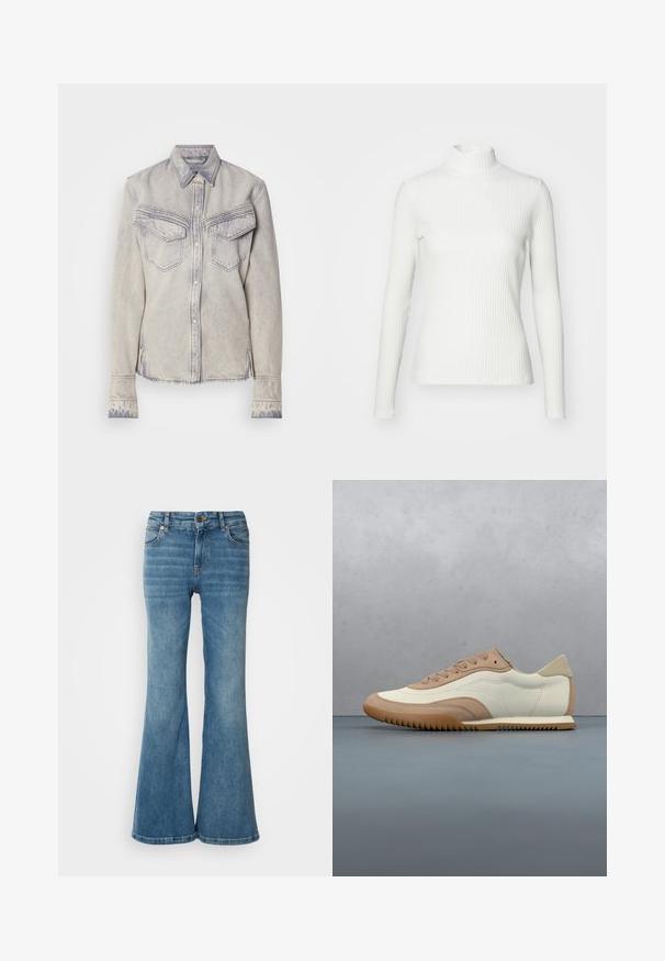 Witte geribbelde coltrui met lange mouwen, gemaakt van rekbare stof. Heeft een getailleerd ontwerp en een hoge halslijn voor bedekking.; Lichtgewassen denim shirt met een spitse kraag, twee borstzakken en knoopsluiting. Heeft contrasterende stiksels en een rafelige zoom.; Lichtblauwe flare jeans van denim, met vijf zakken, zichtbare stiksels en een knoop- en ritsluiting in de taille.; Crème- en beige sneaker met een textuur bovenwerk, veters en een rubberen zool, gepresenteerd boven een houten oppervlak met kiezelstenen.