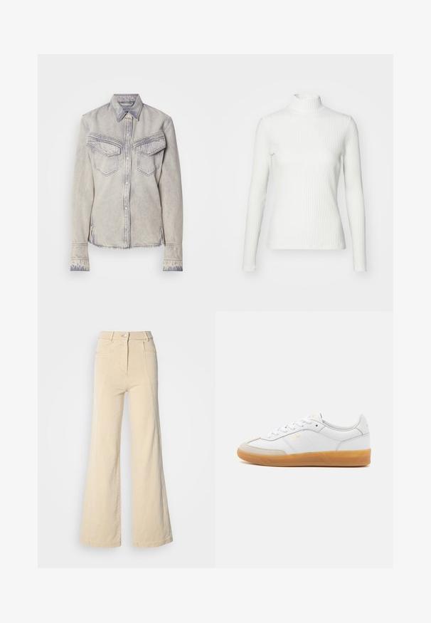Hvid ribbet turtleneck blouse med lange ærmer, lavet af elastisk stof. Har et tætsiddende design og høj hals for god dækning.; Lysvasket denimskjorte med spidse kraver, to brystlommer og knaplukning. Har kontrastsyet og frynset kant.; Beige vidde jeans med høj talje, forlommer og kontrasterende syninger, udstyret med en knaplukning og en glat bomuldsstruktur.; Hvide lædersneakers med beige ruskindsdetaljer, gummisål og snøredesign. Har diskret branding i guld.