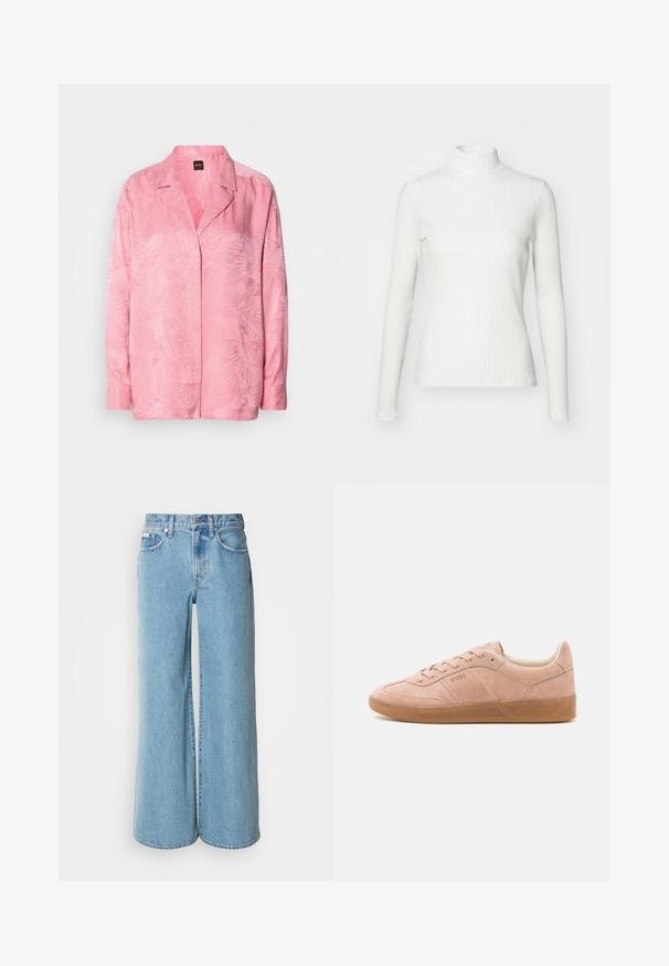 Top de cuello alto blanco con canalé y mangas largas, fabricado en una tela elástica. Presenta un diseño ajustado y un escote alto para mayor cobertura.; Camisa de botones de color rosa claro con un sutil patrón de hojas de palma. Hecha de una tela suave con un corte relajado y diseño de cuello clásico.; Jeans de mezclilla de corte ancho en un tono azul claro, con cintura alta, diseño de cinco bolsillos y un ligero desgastado en la tela.; Zapatillas de ante rosa claro con suela de goma, punta redondeada y cierre con cordones. Presenta una marca mínima en el lateral y en el talón.