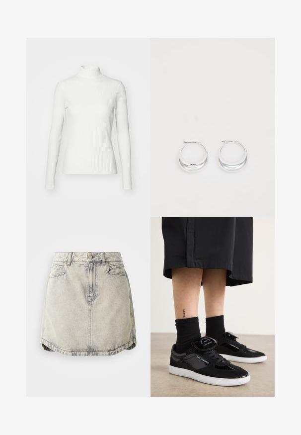 Top de cuello alto blanco con canalé y mangas largas, fabricado en una tela elástica. Presenta un diseño ajustado y un escote alto para mayor cobertura.; Falda de denim en gris claro con textura desgastada, que cuenta con una cinturilla abotonada, bolsillos frontales y un dobladillo ligeramente curvado.; Zapatillas negras con materiales de ante y charol, con una suela blanca, diseño de cordones y un acento de lengua de marca.; Pendientes de aro de plata con un acabado pulido y la marca DKNY, exhibidos sobre un fondo blanco liso.