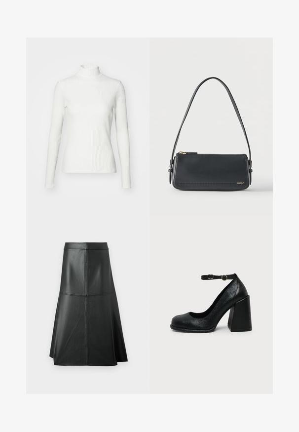 Hvid ribbet turtleneck blouse med lange ærmer, lavet af elastisk stof. Har et tætsiddende design og høj hals for god dækning.; Sort læder A-linje nederdel, glat tekstur, midt på læggen, med vandret syninger ved taljen og sømmene for ekstra struktur.; Sort læderstilet med rund tå og justerbar ankelrem med guld spænde på ensfarvet lyst baggrund.; Sort rektangulær skuldertaske i læder med guld lynlås og lille guld "HUGO"-logo på fronten, med justerbar strop med spænde.