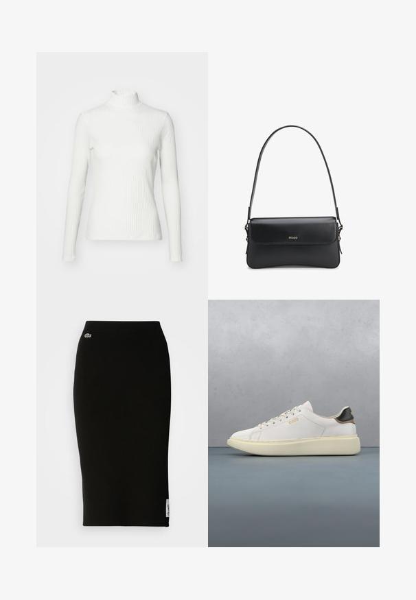 Witte geribbelde coltrui met lange mouwen, gemaakt van rekbare stof. Heeft een getailleerd ontwerp en een hoge halslijn voor bedekking.; Zwarte geribbelde gebreide midi-rok met een nauwsluitende silhouet. Kleine Lacoste-logo detail op de tailleband, met een gladde textuur.; Witte sneaker met een glad leren bovenwerk, voorzien van een tan en zwart leren hieltab, ronde veters en een chunky beige rubberen zool. Gouden logo detail.; Zwarte leren handtas met een gladde textuur, klepsluiting en een dunne schouderriem. Voorzien van een goudkleurig logo aan de voorkant.
