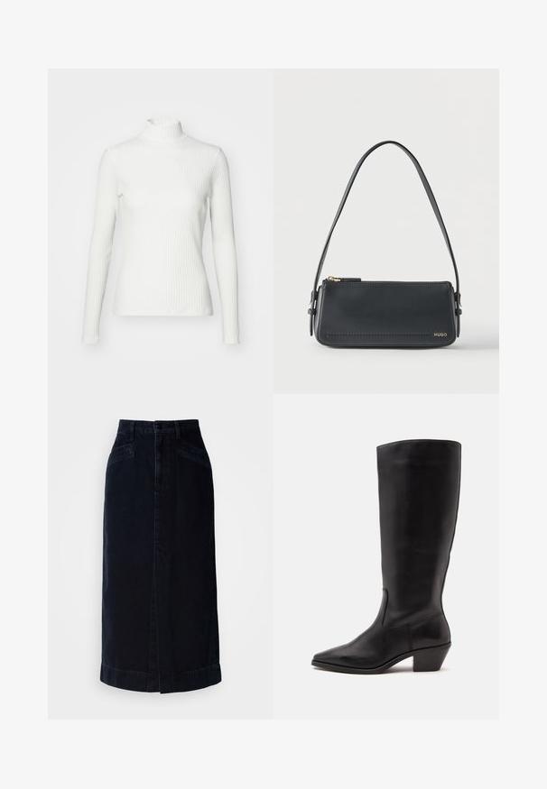 Hvid ribbet turtleneck blouse med lange ærmer, lavet af elastisk stof. Har et tætsiddende design og høj hals for god dækning.; Mørk denim midi nederdel med høj talje, frontknaplukning og sidelommer; har en lige skæring og en subtil kantdetalje.; Sort læderstøvle til midtkalv med spids tå og lavt skråt hæl på en enkel lys baggrund.; Sort rektangulær skuldertaske i læder med guld lynlås og lille guld "HUGO"-logo på fronten, med justerbar strop med spænde.