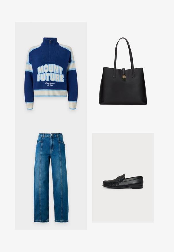 Blauer gestrickter Pullover mit hohem Kragen, halbem Reißverschluss und weißen Akzenten. Verfügt über großen "MOUNT FUTURE"-Schriftzug sowie gerippten Saum und Bündchen.; Hochtaillierte blaue Jeans aus Denim mit weit geschnittenen Beinen, vertikalen Nähten vorne, Seitentaschen, Gürtelschlaufen und einem Knopfverschluss.; Schwarzer Lederloafer mit niedrigem Absatz, Mokassin-Nähte an der Spitze und klassischem Penny-Riemen, seitlich gezeigt auf weißem Hintergrund.; Schwarze Leder-Tote mit verlängerten Tragegriffen, einer strukturierten Form, glatter Textur und einem kleinen goldenen Schlossakzent auf der Vorderseite.