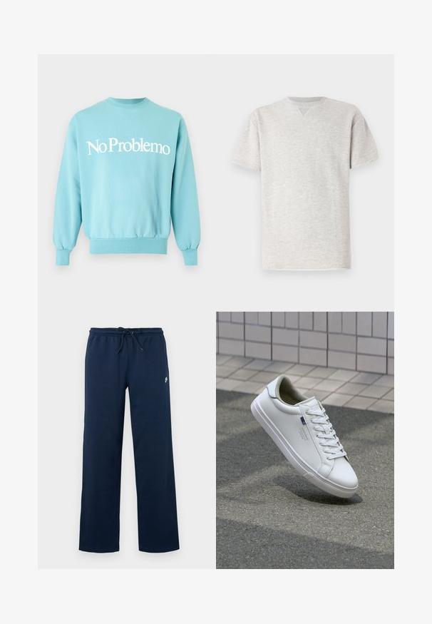 Lichtblauwe trui met ronde hals en witte tekst "No Problemo" gecentreerd op de voorkant, lange mouwen en geribde boorden en zoom.; Grijze, kortesleeve t-shirt gemaakt van zachte stof. Heeft een klassieke ronde hals en een ontspannen pasvorm met een subtiele gemêleerde textuur.; Marineblauwe sweatpants met een elastische tailleband en een trekkoord. Voorzien van een klein wit logo op de linkerheup. Gemaakt van zacht materiaal.; Witte leren sneakers met een gladde afwerking, ronde neus, platte veters en een gestructureerde rubberen zool; beschikt over een klein blauw logo aan de zijkant.