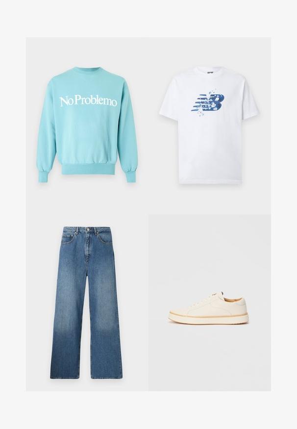 Lyseblå crewneck sweatshirt med hvid tekst "No Problemo" centreret foran, lange ærmer og ribstrikkede manchetter og kant.; Hvid T-shirt med korte ærmer og en blå, stiliseret "NB"-logo omgivet af vanddråber på brystet.; Bredde ben blå denim jeans med et klassisk fem-lomme design, frontlukning med knap og let falming for tekstur.; Hvide lædersneakers med rund tå, enkel snørelukning, polstret indersål og en kontrasterende tan gummisål. Glat tekstur hele vejen igennem.