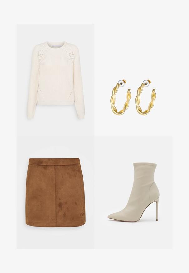 ONLY ONLMAGA - Striktrøje - eggnog; Brun ruskinds mini-skirt med en glat tekstur, lige snit og en sømløs talje, der har et minimalistisk design uden mønstre eller udsmykninger.; Beige læder ankelstøvle med spids tå, tætsiddende pasform, glat tekstur, høj stiletto hæl og subtil syning langs åbningen.; Guld snoede hoops øreringe med en glat overflade, der har en transparent baggrund og hardware i guldtoner.