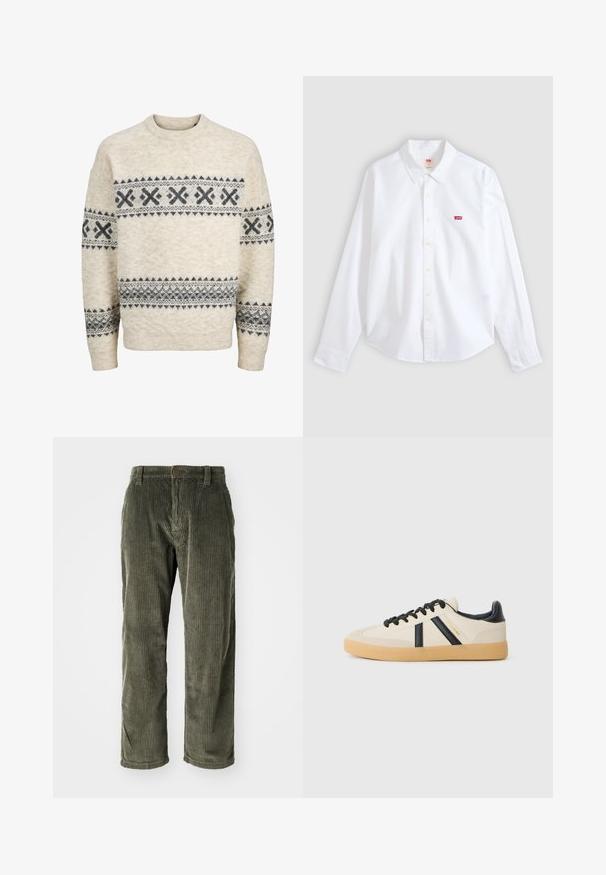 Beige strikket sweater med mørkegrå geometriske mønstre over brystet, ærmer og nederste del af overkroppen, med rund halsudskæring og ribstrikkede manchetter.; Hvid langærmet skjorte med knapper og krave samt lille rødt Levi's-logo på venstre brystområde på en neutral baggrund.; Olivengrønne fløjlsbukser med lodrette ribber, der har knaplukning og lige ben. Blød tekstur med en klassisk pasform.; Casual sneakers i creme med sorte striber, med en tekstureret overdel og sål i gummigummi. Snørebåndene er sorte. Diskret logo på siden.