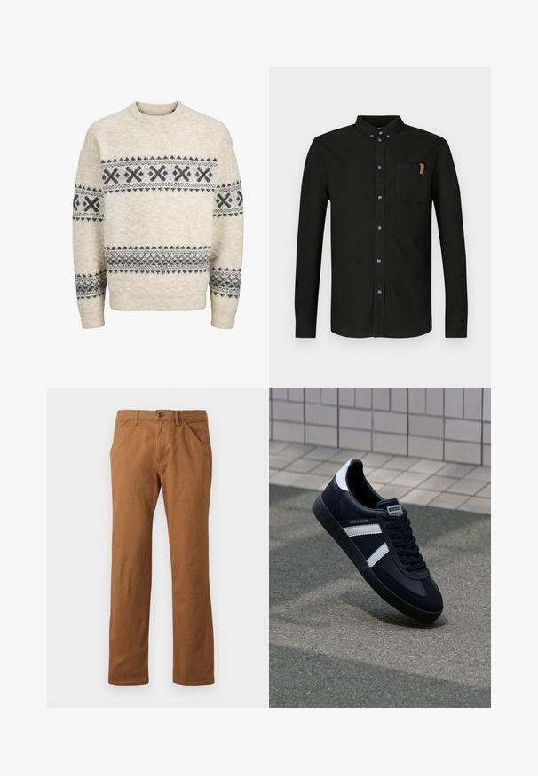 Beige strikket sweater med mørkegrå geometriske mønstre over brystet, ærmer og nederste del af overkroppen, med rund halsudskæring og ribstrikkede manchetter.; Sort langærmet skjorte i bomuld med knapper foran, en brystlomme med tan accent og blå knapper.; Brune bomuldsbukser med lige pasform, udstyret med knaplukning, sidelommer og en glat tekstur. Velegnet til hverdag.; Sort lædersneaker med hvide striber, tekstureret gummisål og snørrebånd foran. Har et brandet mærke på tungen.