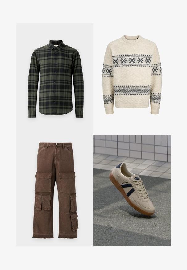 Beige gebreide trui met donkergrijze geometrische patronen over de borst, mouwen en onderlichaam, voorzien van een ronde halslijn en geribbelde manchetten.; Langoe mouw shirt in donker groen en zwart geruit patroon, gemaakt van flanel. Heeft een klassieke kraag en zwarte knopen.; Bruine cargo-broeken met een losse pasvorm, meerdere zijzakken en een rafelige zoom. Gemaakt van stevig, gestructureerd materiaal voor duurzaamheid.; Beige sneaker met een textuurafwerking, marineblauwe strepen en een rubberen zool. Heeft een gevoerde tong en een traditioneel vetersysteem voor een veilige pasvorm.