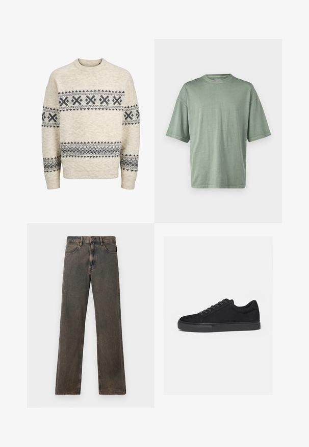 Beige gebreide trui met donkergrijze geometrische patronen over de borst, mouwen en onderlichaam, voorzien van een ronde halslijn en geribbelde manchetten.; Lichtgroene t-shirt met korte mouwen, een ronde halslijn en een ontspannen pasvorm; gemaakt van zacht materiaal met een gladde textuur.; Bruine gewaste jeans met rechte pijpen, voorzakken, knoopsluiting en riemlussen, weergegeven tegen een witte achtergrond.; Zwarte lage sneaker met veterluiting aan de voorkant en platte rubberen zool, zijaanzicht op een witte achtergrond.