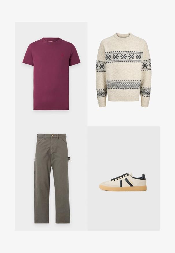 Jersey de punto beige con patrones geométricos en gris oscuro en el pecho, las mangas y la parte baja del torso, con cuello redondo y puños acanalados.; Camiseta de manga corta burdeos de algodón, con cuello redondo y un pequeño logo bordado en el lado izquierdo del pecho. Textura suave.; Pantalones cargo de algodón gris oscuro con pierna recta, que cuentan con bolsillos laterales y un cierre de botón en la cintura. Textura suave, con detalles mínimos.; Zapatillas casuales en crema con rayas negras, con parte superior texturizada y suela de goma. Los cordones son negros. Logo sutil en el costado.