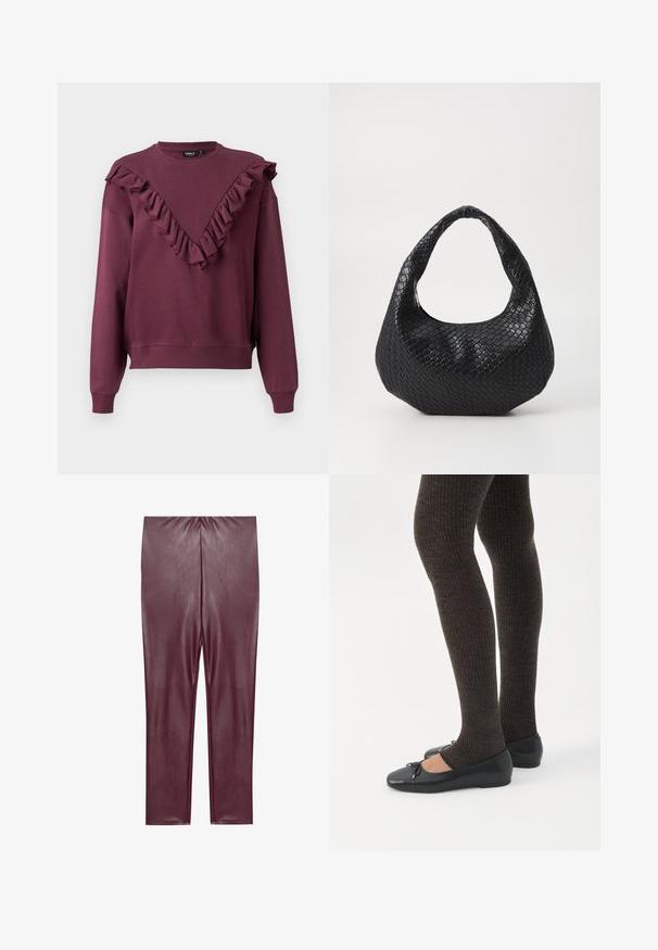 Bordeaux sweatshirt med en flæsebesat V-hals, lange ærmer og ribbede manchetter og kant. Fremstillet af blødt stof med en afslappet pasform.; Bordeaux faux læder leggings med en glat tekstur, høj talje og tætsiddende design, der strækker sig til anklerne uden yderligere detaljer.; Ben iført mørke ribbede leggings kombineret med sorte balletsko med små sløjfedetaljer på hvid baggrund.; Sort flettet håndtaske med et buet håndtag, der har en struktureret overflade og en afslappet form. Glat finish med en organisk silhuet.