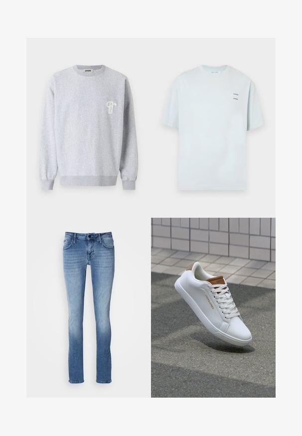 DRYKORN NIELO - Sweatshirt - grey; Hellblaues T-Shirt mit kurzen Ärmeln und rundem Ausschnitt, mit zwei gedruckten "SAMSØE"-Logos auf der linken Brustseite. Hergestellt aus weichem Stoff.; Helle blaue Denim-Jeans mit einem klassischen Fünf-Taschen-Design, geradem Bein und subtilen Ausbleichungen. Hergestellt aus weichem, strapazierfähigem Stoff.; Weiße Ledersneaker mit glatter Textur, tanfarbener Akzent an der Ferse, goldenes Logo an der Seite und Gummisohle mit strukturiertem Griff.