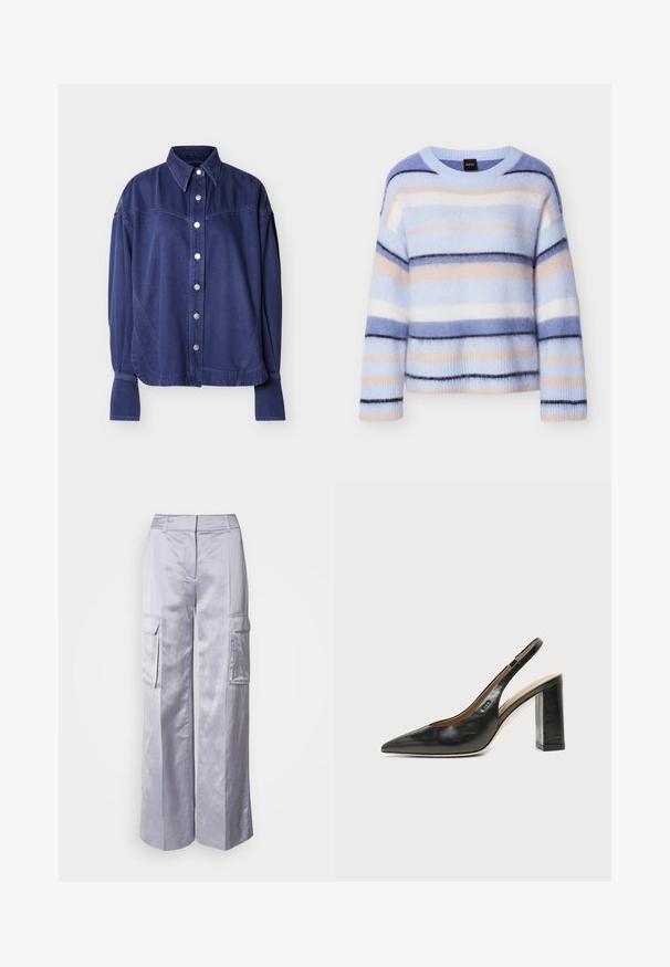 Pull rayé en bleu clair, rose pâle et bleu marine. Texture douce et moelleuse avec un col rond et des poignets côtelés. Léger et coupe décontractée.; Chemise en denim bleu avec boutonnière à l'avant, col à revers et coutures d'épaule discrètes. Le tissu présente une texture lisse avec un design décontracté.; Pantalons cargos large gris clair en tissu lisse, avec poches latérales, une taille cintrée et sans fermetures ni zippers visibles.; Chaussure slingback en cuir noir à bout pointu avec un talon bloc haut et une doublure intérieure beige sur un fond clair uni.