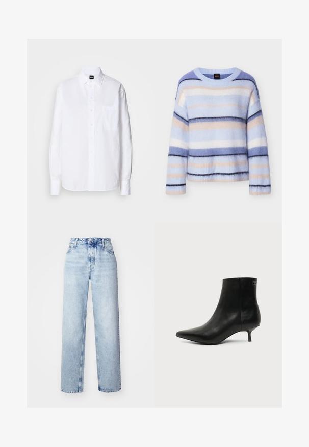 Pull rayé en bleu clair, rose pâle et bleu marine. Texture douce et moelleuse avec un col rond et des poignets côtelés. Léger et coupe décontractée.; Chemise blanche à boutons, en coton, avec un col classique, des manches longues, une poche poitrine et une texture lisse et structurée.; Jeans taille haute bleu clair avec une coupe ample, mettant en avant des jambes droites, cinq poches et une fermeture classique à boutons et zip.; Bottine en cuir noir avec bout pointu et petit talon kitten sur fond clair, vue côté extérieur.