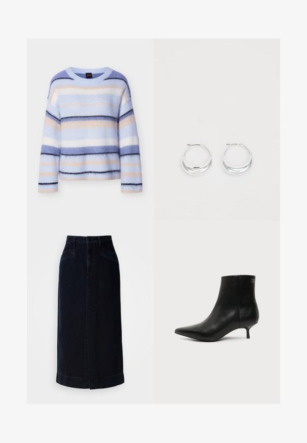 Stribet sweater i lyseblå, sart rosa og marineblå. Blød, fluffy tekstur med rund hals og ribbet kant ved ærmerne. Letvægt og afslappet pasform.; Mørk denim midi nederdel med høj talje, frontknaplukning og sidelommer; har en lige skæring og en subtil kantdetalje.; Sort læder ankelstøvle med spids tå og lav kitten hæl på lys baggrund, der viser yderside.; Sølv hoops øreringe med en poleret overflade og DKNY branding, præsenteret mod en simpel hvid baggrund.