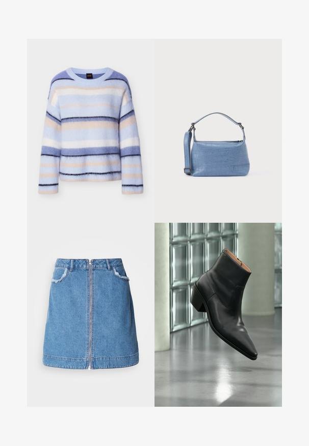 Stribet sweater i lyseblå, sart rosa og marineblå. Blød, fluffy tekstur med rund hals og ribbet kant ved ærmerne. Letvægt og afslappet pasform.; Lyseblå denim nederdel med en frontlynlås, flosset kant på lommerne og lige snit design. Kantlinjen er let buet.; Sort læderankelstøvle med spids tå og blokhæl, der svæver over en reflekterende grå gulv nær en væg af glasblokke.; Lyseblå taske med krokodillepræg, kort håndtag og aftagelig skulderrem. Glat tekstur med lynlås.