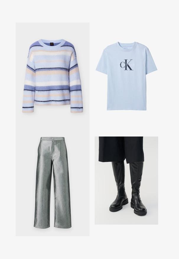 Suéter a rayas en azul claro, rosa pálido y azul marino. Textura suave y esponjosa con cuello redondo y puños acanalados. Ligero y de ajuste relajado.; Camiseta de color azul claro de manga corta con un gran logo "cK" en negro y "Calvin Klein" en blanco centrado en la parte delantera.; Pantalones plateados metálicos de talle alto y pierna ancha con cierre de botón y cremallera, mostrados planos sobre un fondo blanco.; Botas de cuero negras hasta la rodilla con una textura suave, suelas gruesas y cremalleras laterales. El diseño presenta un sutil detalle de costura.