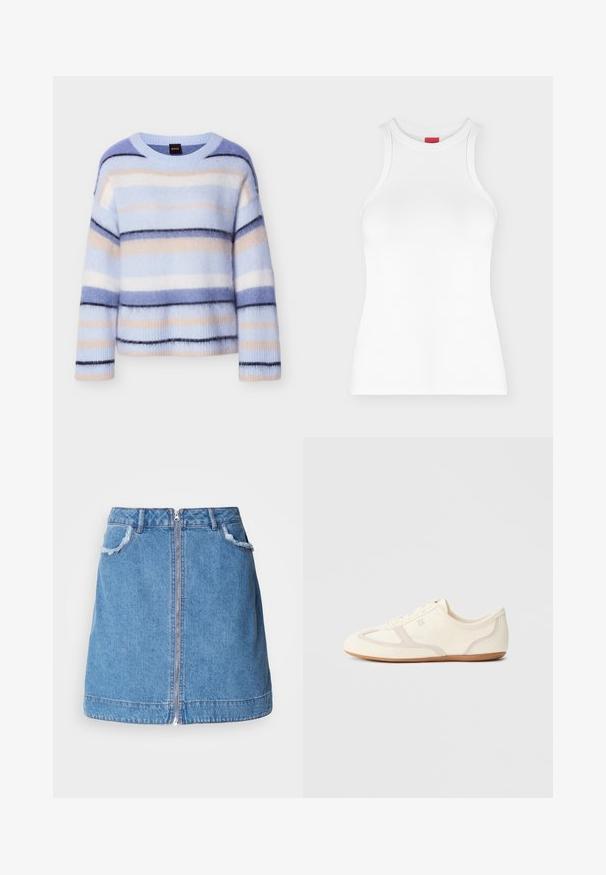Suéter a rayas en azul claro, rosa pálido y azul marino. Textura suave y esponjosa con cuello redondo y puños acanalados. Ligero y de ajuste relajado.; Camiseta de tirantes blanca con canalé, cuello alto redondo y forma ajustada, mostrada sobre un fondo claro y sencillo.; Falda de mezclilla azul claro con cremallera en el frente, bordes de los bolsillos deshilachados y un diseño recto. El dobladillo tiene una ligera curvatura.; Zapatillas de color crema con parte superior de ante y tela, puntera redondeada y suela de goma con un detalle en beige. Diseño con cordones.