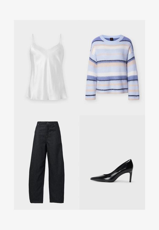 Pull rayé en bleu clair, rose pâle et bleu marine. Texture douce et moelleuse avec un col rond et des poignets côtelés. Léger et coupe décontractée.; Haut camisole en satin blanc avec fines bretelles spaghetti et décolleté en V, présenté à plat sur un fond neutre.; Un pantalon large en denim bleu foncé avec une taille haute, doté d'une fermeture à bouton métallique, de passants de ceinture et d'un design classique à cinq poches.; Chaussure à talon haut en cuir noir avec un bout pointu, texture lisse et un talon effilé. Design minimaliste, sans embellissements supplémentaires.