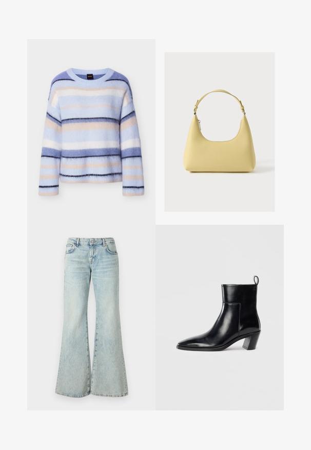 Gestreepte trui in lichtblauw, lichtroze en marineblauw. Zachte, pluizige textuur met een ronde hals en geribbelde manchetten. Lichtgewicht en ontspannen pasvorm.; Lichtblauwe flared jeans van denim, met een hoge taille, zakken en rafelige zomen. De stof heeft een vervaagde wassing en een subtiele textuur.; Zwarte leren enkelboot met een spitse neus, een geometrische gestapelde hak en een trekband aan de achterkant. Gladde textuur en slank ontwerp.; Gele leren handtas met een gebogen silhouet, korte verstelbare band en een vak met ritssluiting. Heeft een subtiel logo aan de voorkant.