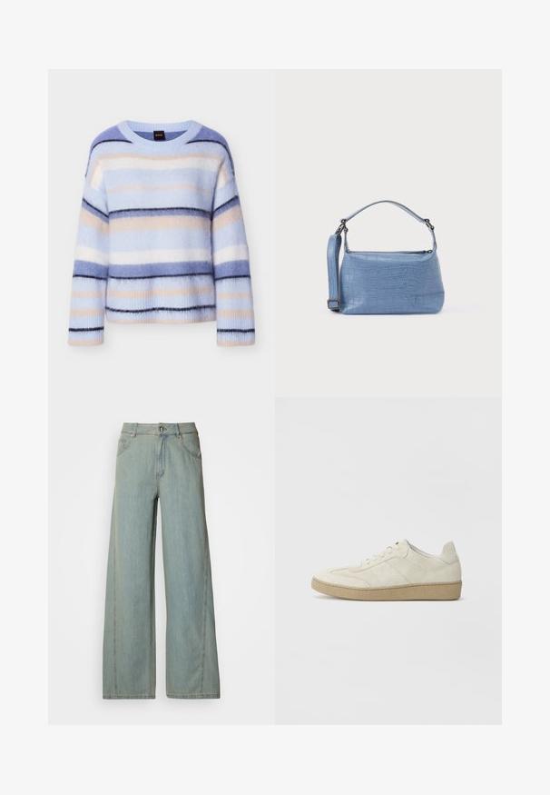 Stribet sweater i lyseblå, sart rosa og marineblå. Blød, fluffy tekstur med rund hals og ribbet kant ved ærmerne. Letvægt og afslappet pasform.; Lyseblå bredbuks jeans lavet af denim, med knap- og lynlås-lukning, fem lommer og kontrasterende syninger.; Beige ruskind sneakers med et struktureret design, flad gummisål og karakteristisk sidesyning. Rund tå og polstret krave.; Lyseblå taske med krokodillepræg, kort håndtag og aftagelig skulderrem. Glat tekstur med lynlås.
