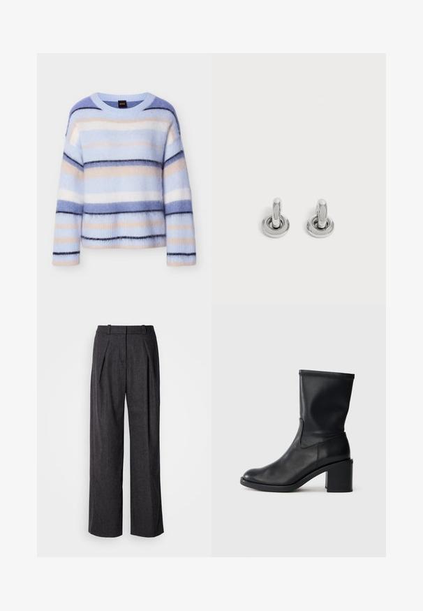 Suéter a rayas en azul claro, rosa pálido y azul marino. Textura suave y esponjosa con cuello redondo y puños acanalados. Ligero y de ajuste relajado.; Pantalones de pierna ancha gris oscuro con una tela texturizada, que presentan pliegues frontales y un diseño de cinturilla clásico. Sin bolsillos visibles.; Botín negro de cuero hasta el tobillo con punta redonda, textura suave y tacón grueso, que presenta un eje ajustado y un sutil detalle de costura.; Par de pequeños pendientes de aro plateados brillantes con base redonda, exhibidos sobre un fondo claro y liso.
