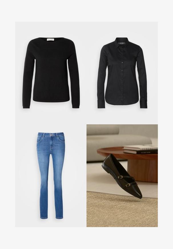 Marc O'Polo LONGSLEEVE ROUND NECK - Strickpullover - black; Mos Mosh TILDA SHIRT - Hemdbluse - black; Blaue Jeans mit schlankem Schnitt, fünf Taschen und einem dezenten, verwaschenen Muster. Hergestellt aus weichem, dehnbaren Stoff, mit einem klassischen Knopfverschluss.; Schwarzer flacher Schuh mit spitzer Zehenpartie und zwei dünnen Schnallenriemen, der über einem beigen Teppich schwebt, mit einem Holzcouchtisch und Büchern im Hintergrund.