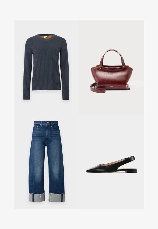 Pull à manches longues côtelé bleu marine avec un col rond. Présente une finition texturée et un intérieur contrastant jaune moutarde au niveau du col.; Jeans en denim bleu foncé à jambes larges avec un ourlet effiloché et des poignets gris clair. Présente un design traditionnel à cinq poches.; Chaussure plate en cuir noir avec bride arrière, bout pointu et petit talon carré sur fond blanc.; Sac à main en cuir rouge foncé avec doubles poignées supérieures, bandoulière amovible, ferrures dorées et nom de la marque Wandler au centre avant.