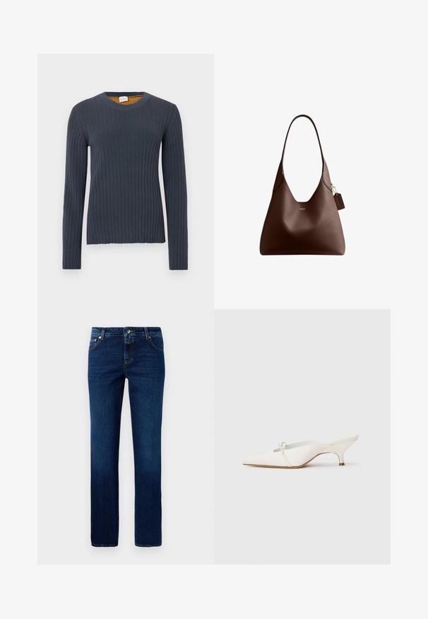 Langærmet ribstrikket sweater i marineblå med rund hals. Har en tekstureret finish og kontrasterende sennepsgul indvendig ved halsen.; Mørkeblå denim jeans med lige ben-design, der har en klassisk talje, fem lommer og diskrete syninger på sømmene.; Hvide spidse slingback sko med en lav hæl, der har en dekorativ perleaccent på fronten og en glat satinfinish.; Mørkebrun læder skuldertaske med dyb V-udskæring, enkelt skulderstrop, lille gyldent logo og et hængende lædermærke på en guldkæde.