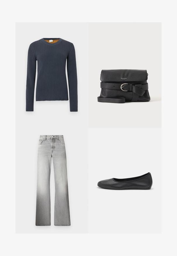 Langærmet ribstrikket sweater i marineblå med rund hals. Har en tekstureret finish og kontrasterende sennepsgul indvendig ved halsen.; Grå denim brede ben jeans med høj talje, falmet tekstur, fem lommer og lynlås med knaplukning.; Sort læderballetsko med rund tå, glat tekstur, minimal syning og et fleksibelt såldesign.; Sort crossbody taske i prikket læder med klaplukning, sølv spænde bælte detalje og justerbar skulderrem på ensfarvet baggrund.
