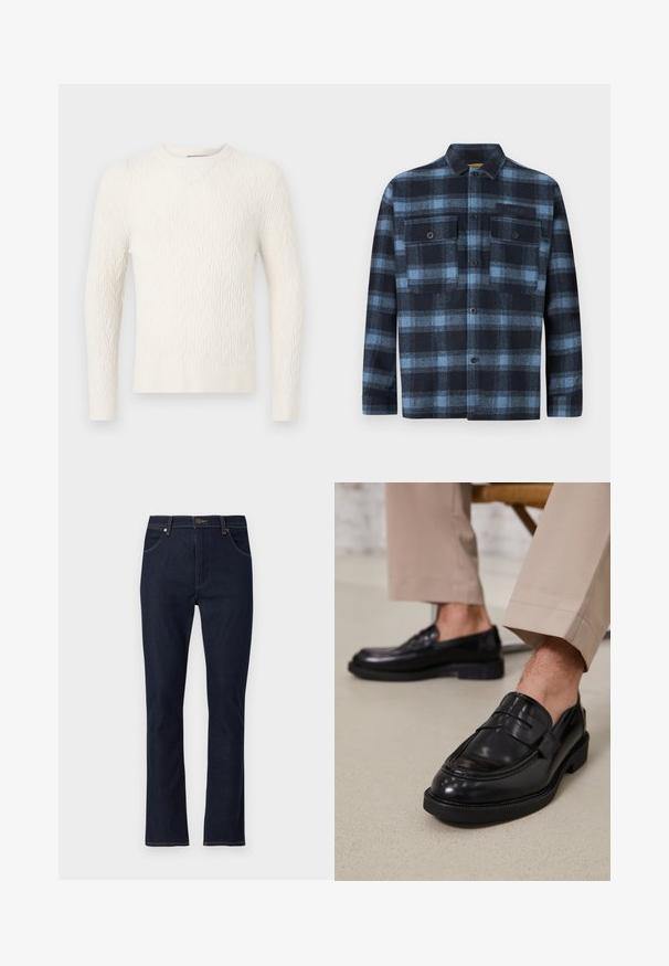 Suéter de punto grueso color crema con mangas largas, escote redondo y dobladillo acanalado. Presenta un patrón texturizado en toda la tela.; Camisa de manga larga abotonada con un patrón a cuadros en azul y negro, dos bolsillos en el pecho con botones en la parte delantera y una pequeña etiqueta "Replay" en el bolsillo izquierdo.; Vaqueros azul oscuro de corte recto, con bolsillos delanteros, trabillas para cinturón y cierre de botón.; Mocasines de cuero negro con un acabado suave, que cuentan con una correa decorativa y costuras en contraste, combinados con pantalones beiges.