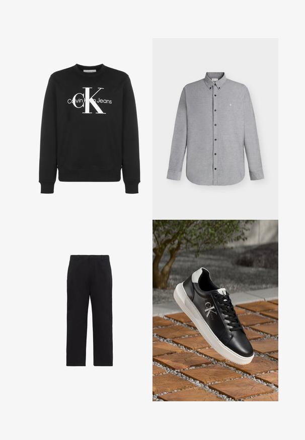 Mustast pikast varrukast ümara kaelusega dressipluus valge Calvin Klein Jeans logoga ja suurte stiliseeritud "cK" tähtedega ees.; Helehall hall pikkade varrukatega nööbitav särk nööbitava kraega ja väike "cK" logo tikandiga vasakul rinnal.; Mustad sirge lõikega püksid vööaasadega, esikinnise ja küljetaskutega, valgel taustal.; Mustmust musta nahkkingaad, valge kummist tallaga, millel on paelaga kinnitamine ja logo detail külgedel. Taustal on kivist ja puidust tekstuurid.
