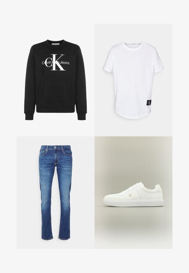 Čierna mikina s dlhým rukávom a okrúhlym výstrihom s bielym logom Calvin Klein Jeans a veľkými štylizovanými písmenami "cK" na prednej strane.; Biela bavlnená tričko s rolovanými krátkymi rukávmi, zaobleným lemom a čiernou štítkou s logom "CK" na dolnom ľavom rohu.; Modré riflové nohavice s vyblednutými efektmi, zapínanie vpredu na gombík a zips a päťvreckový štýl na jednofarebnom bielom pozadí.; Biele nízke tenisky s šnúrkami, stranami z textúrovaného materiálu a jemným logom "ck" na vonkajšej strane, umiestnené na jednoduchom neutrálnom pozadí.
